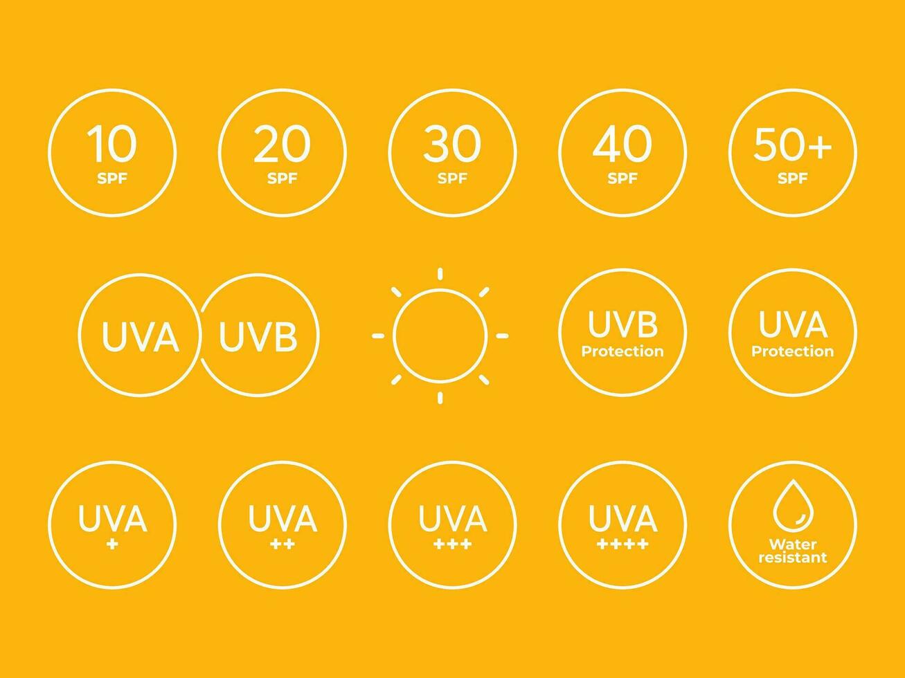 gros spf ligne icône vecteur ensemble sur Orange Contexte. Soleil protection symboles pour écran solaire ou crème solaire des produits. collection de uv indice pour cosmétique emballage