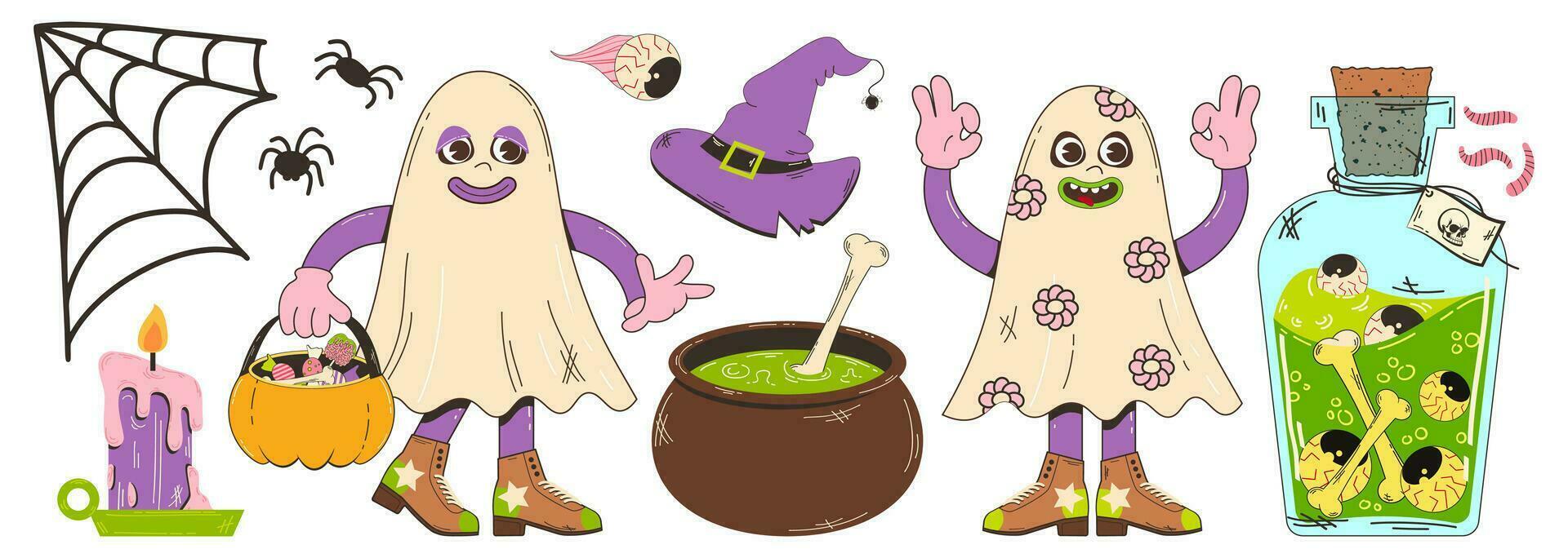 ensemble de éléments pour Halloween dans rétro dessin animé style. vecteur illustration de une fantôme personnage brassage une potion dans une T.V.A, une brûlant bougie, une sorcière chapeau et autre éléments.