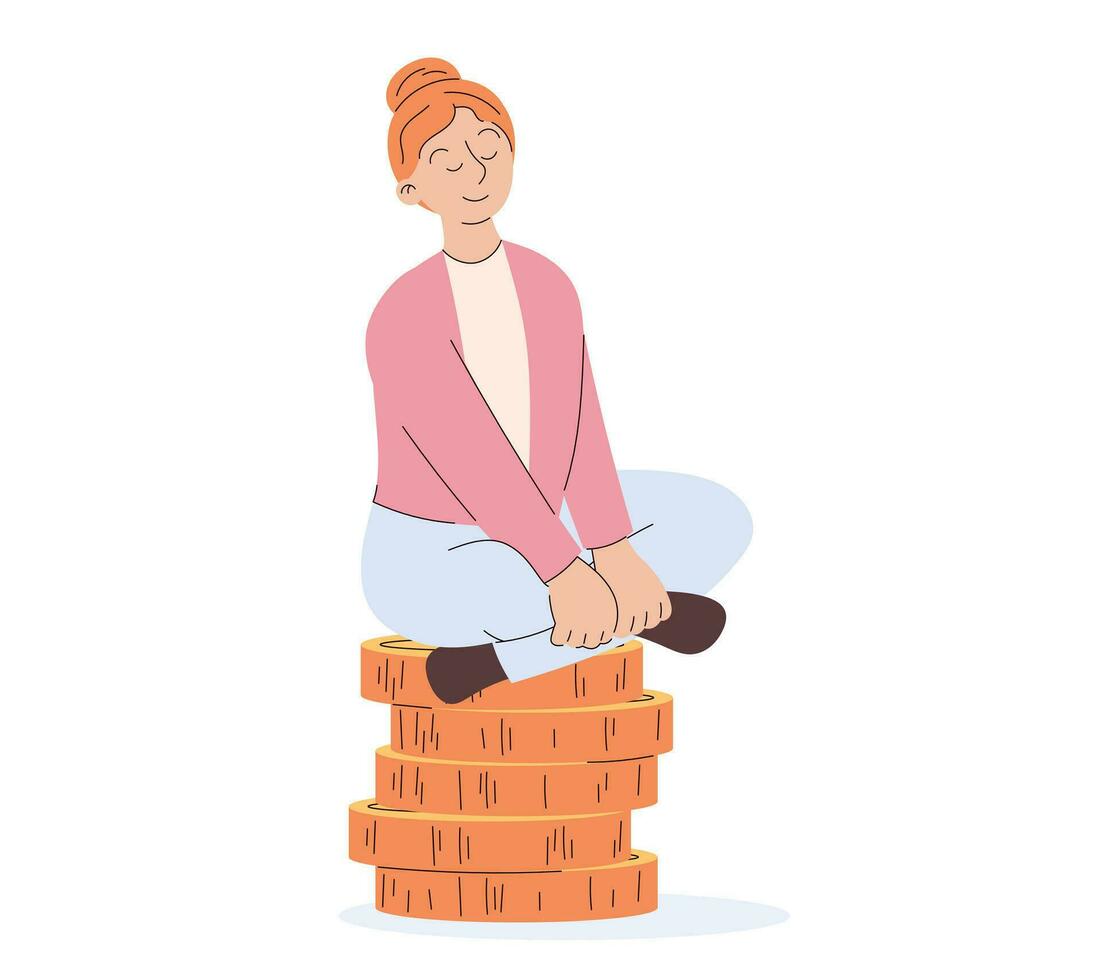 dessin animé fille séance sur une empiler de énorme or pièces de monnaie. femme économie argent concept. vecteur isolé financier plat illustration.