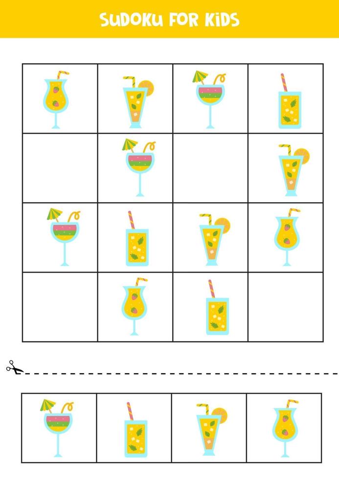 jeu de sudoku pour les enfants avec de jolis cocktails d'été de dessins animés. vecteur