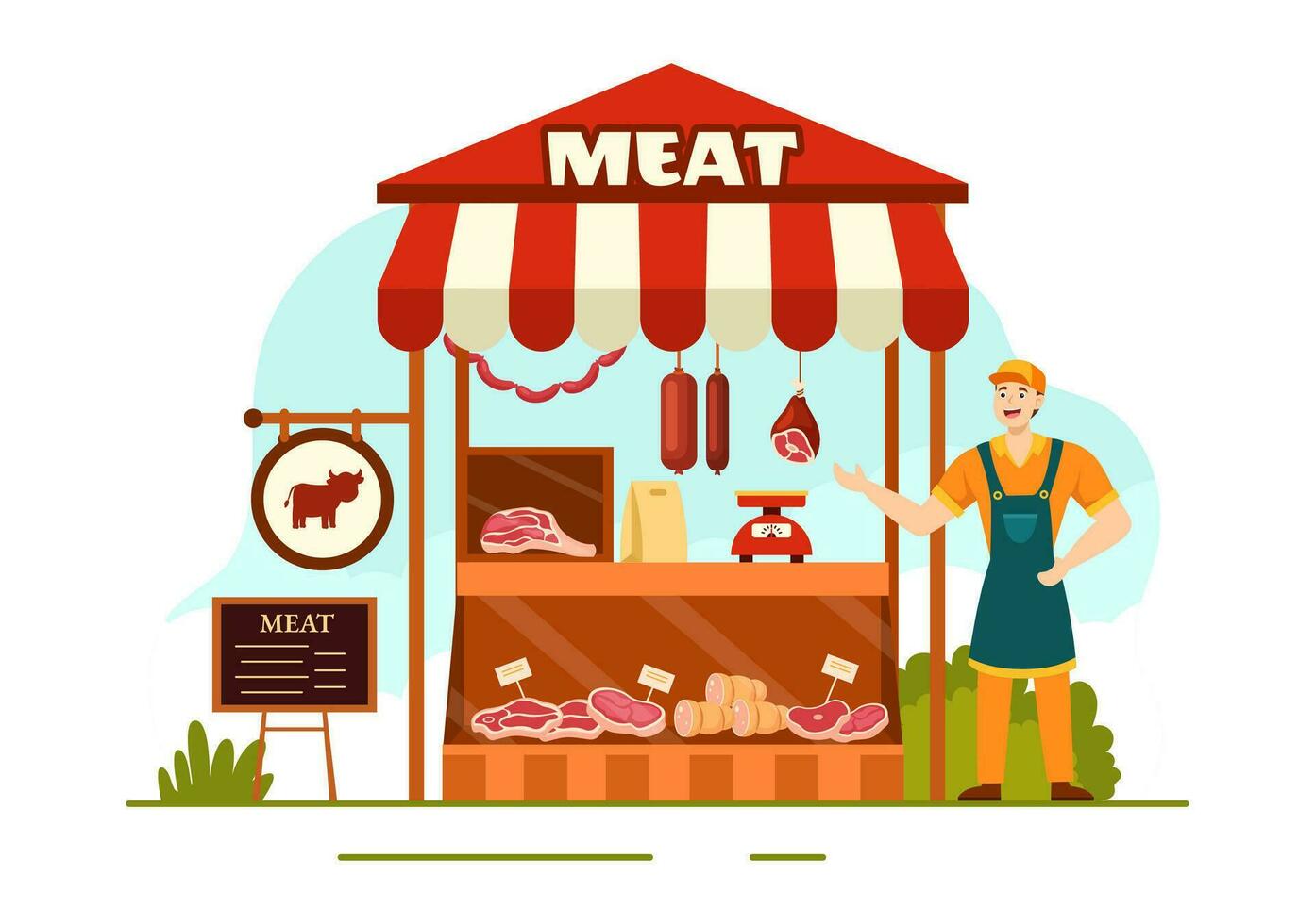 Viande magasin ou marché vecteur illustration avec divers Frais viandes des produits et saucisses de du boeuf porc poulet dans plat dessin animé Contexte conception