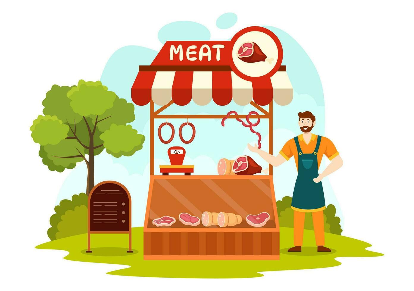 Viande magasin ou marché vecteur illustration avec divers Frais viandes des produits et saucisses de du boeuf porc poulet dans plat dessin animé Contexte conception