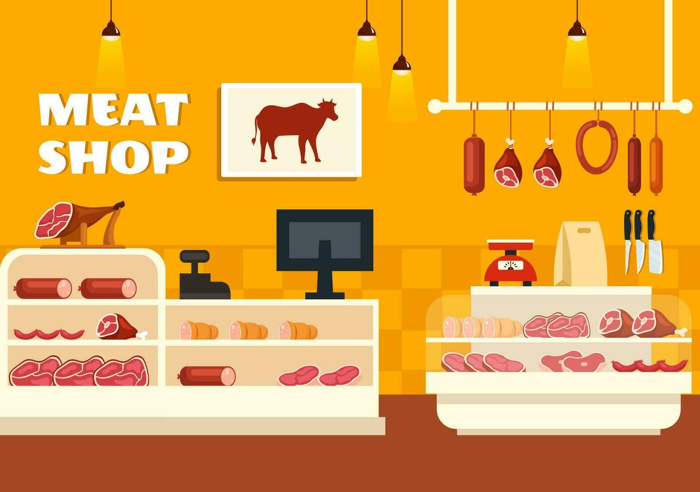 Viande magasin ou marché vecteur illustration avec divers Frais viandes des produits et saucisses de du boeuf porc poulet dans plat dessin animé Contexte conception