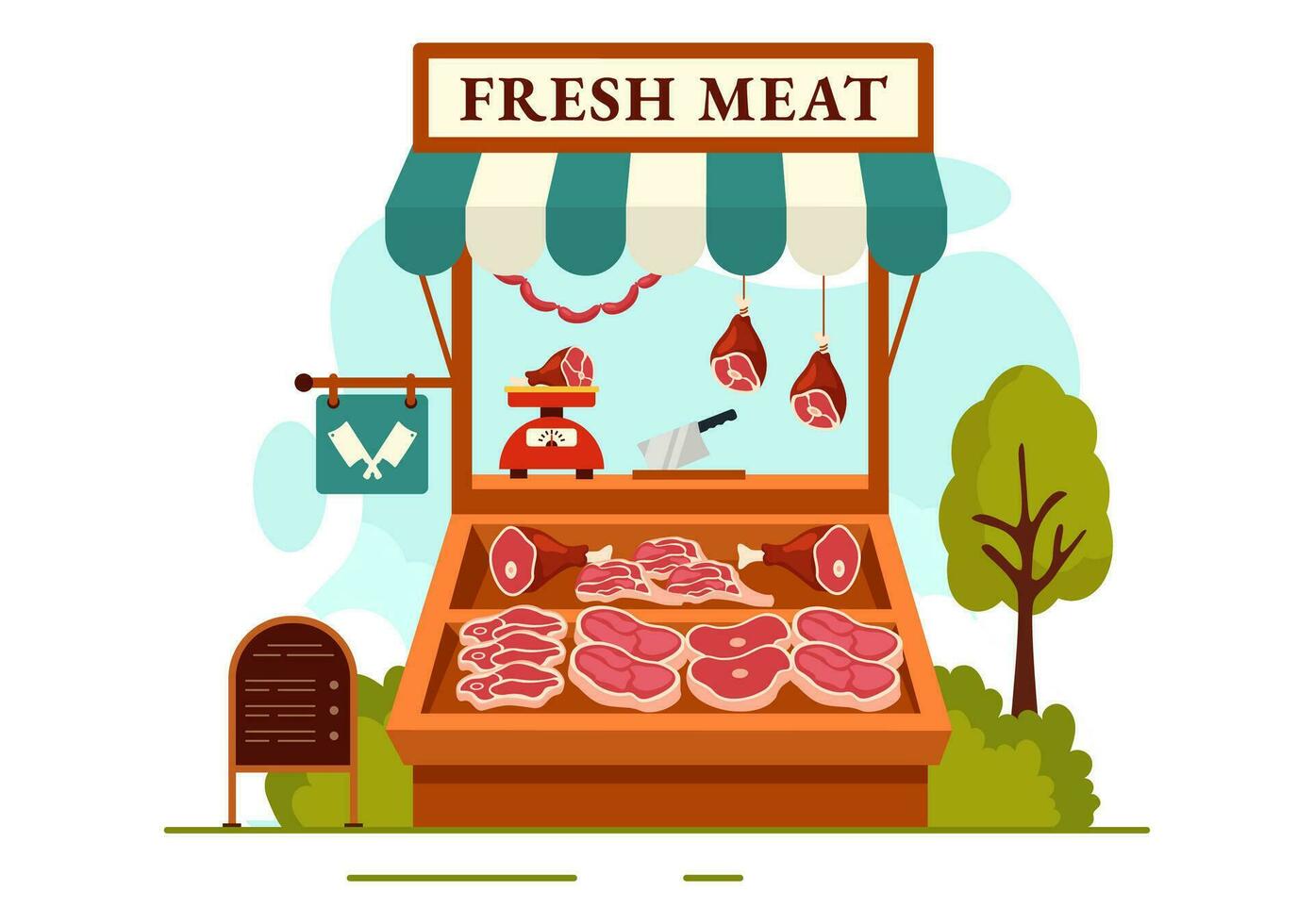 Viande magasin ou marché vecteur illustration avec divers Frais viandes des produits et saucisses de du boeuf porc poulet dans plat dessin animé Contexte conception