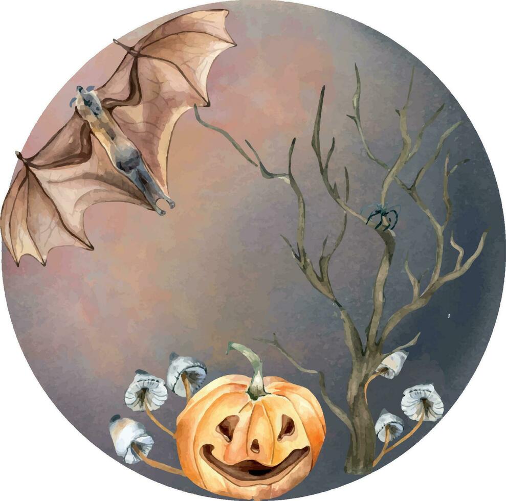 Halloween composition avec lune, chauve souris, citrouille aquarelle illustration isolé sur blanche. nu arbre, champignons main dessiné. conception élément pour carte, imprimer, Halloween affiche vecteur