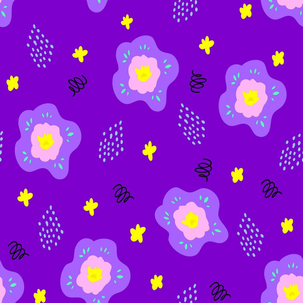 fleur et abstrait éléments sans couture modèle sur violet Contexte. botanique illustration pour couverture conception, maison décoration, vêtements de nuit, printemps texture pour textile et en tissu conception. vecteur
