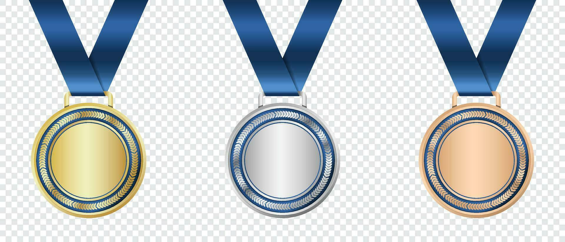 or, argent, et bronze médaille. réaliste médaille ensemble. prix pour gagnant. prix avec ruban. vecteur illustration