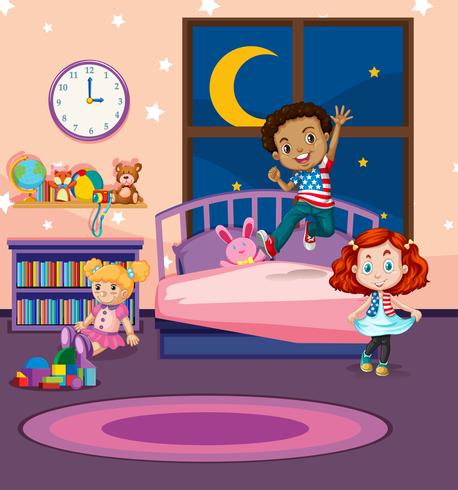 Enfants sautant sur le lit vecteur