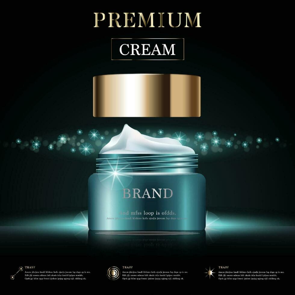 hydratant faciale crème pour annuel vente ou Festival vente. vert et or crème masque bouteille isolé sur d'or lumière Contexte. gracieux cosmétique les publicités, illustration. vecteur