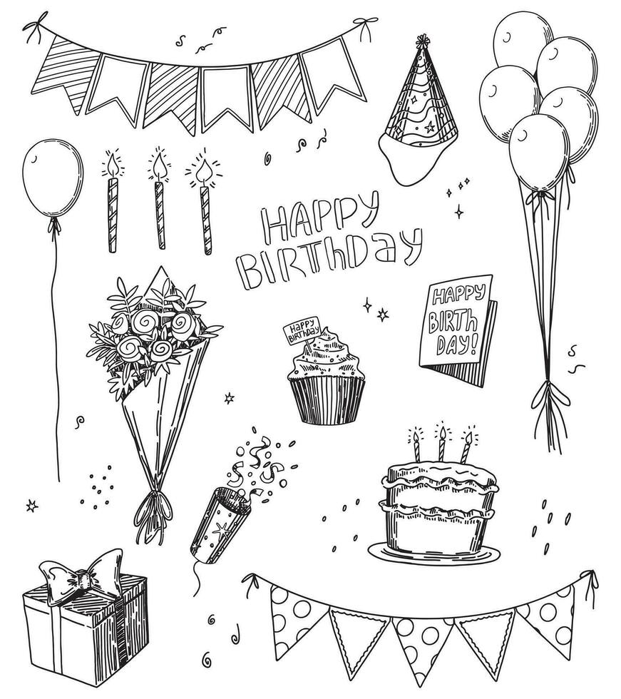 anniversaire fête ensemble. dessin animé vecteur des illustrations de bouquet, gâteau, popper, cadeau, carte, des ballons, de fête drapeaux. brillant moderne agrafe les arts isolé sur blanche.