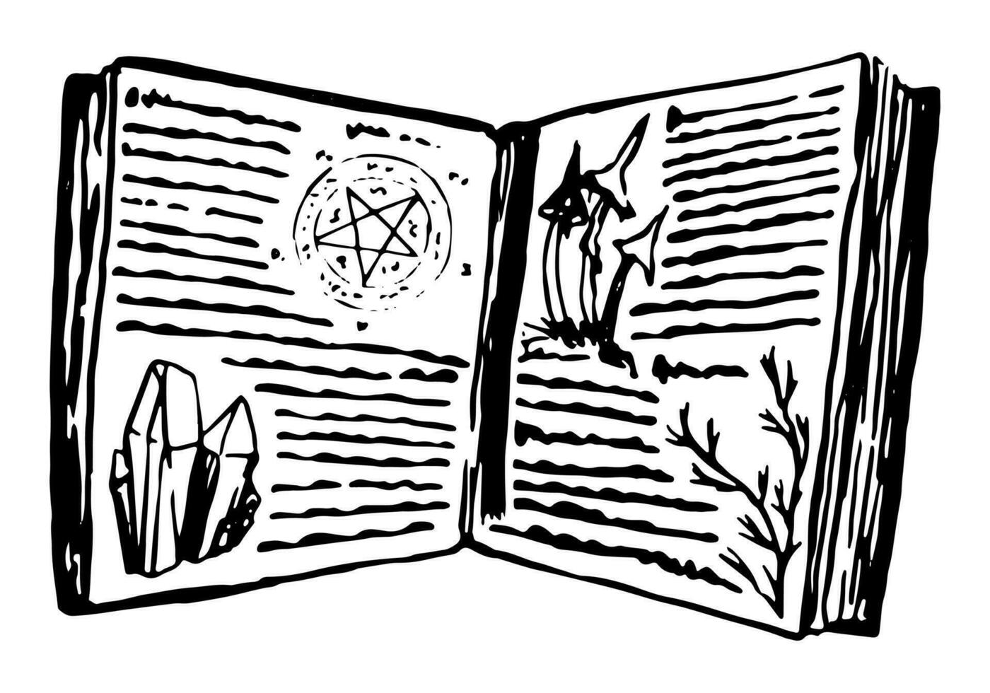 la magie livre, livre de sorts et la sorcellerie. occulte sorcière article encre esquisser isolé sur blanche. Halloween main tiré vecteur illustration dans rétro style.
