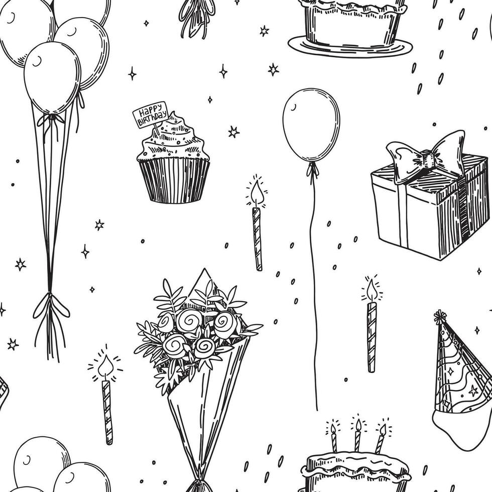 anniversaire fête vecteur sans couture modèle. contour des illustrations de gâteau, bougies, cadeau, bouquet, des ballons. rétro style ornement.