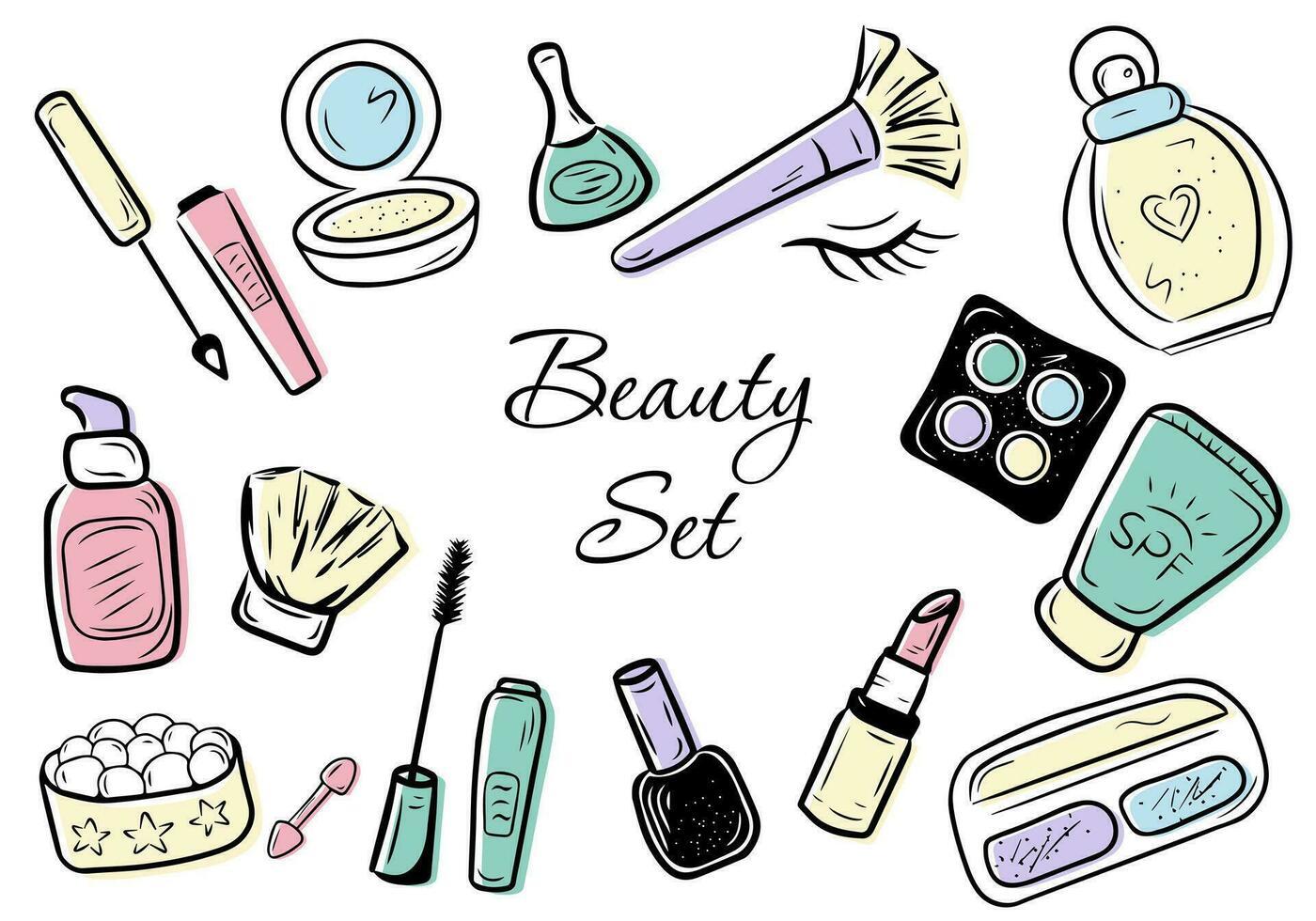 ensemble de soin de la peau et maquillage des produits. beauté et cosmétique griffonnage Icônes collection. vecteur illustration.