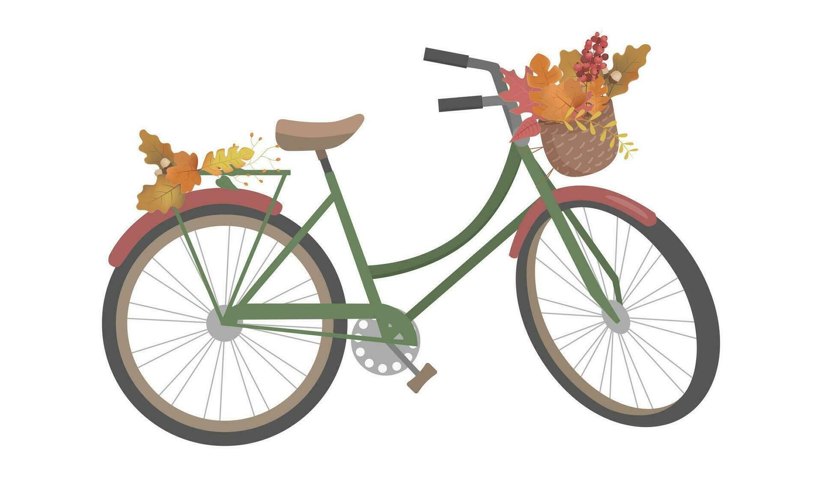 rétro vélo avec l'automne feuilles dans floral panier et feuilles sur tronc. Couleur bicyclette isolé sur blanc Contexte. vecteur