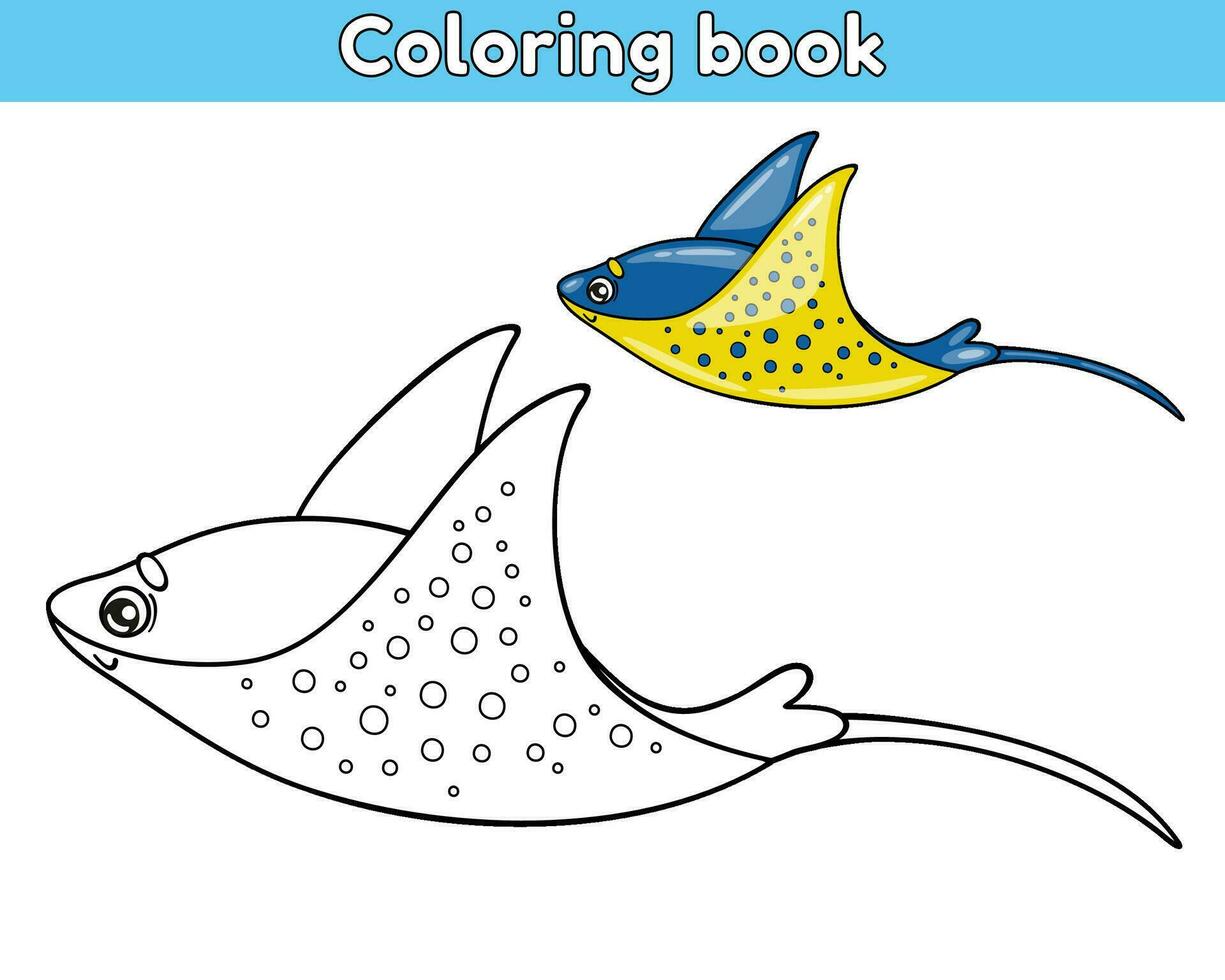 page de le des gamins coloration livre. Couleur dessin animé Raie. feuille de travail pour les enfants avec contour mer animal. vecteur contour illustration océan créature. isolé sur une blanc Contexte.