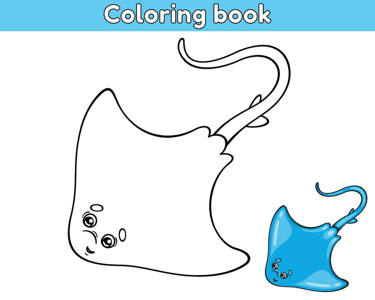 page de le des gamins coloration livre. Couleur dessin animé bleu Raie. feuille de travail pour les enfants avec contour mer animal. vecteur contour illustration océan créature. isolé sur une blanc Contexte.