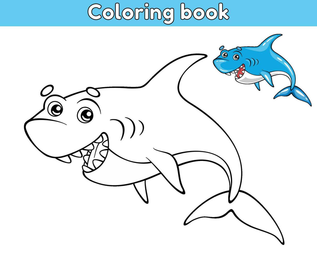 page de le des gamins coloration livre. Couleur dessin animé requin. feuille de travail pour les enfants avec contour mer animal. vecteur contour illustration océan créature. isolé sur une blanc Contexte.