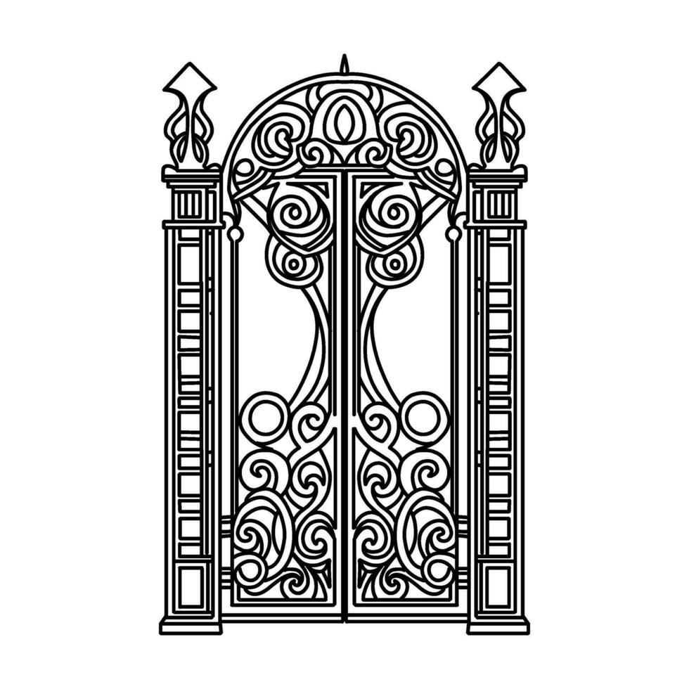 antique métal portail. noir sur blanc esquisser de forgé le fer plié jardin des portes. église porte avec parchemins et feuilles. vecteur