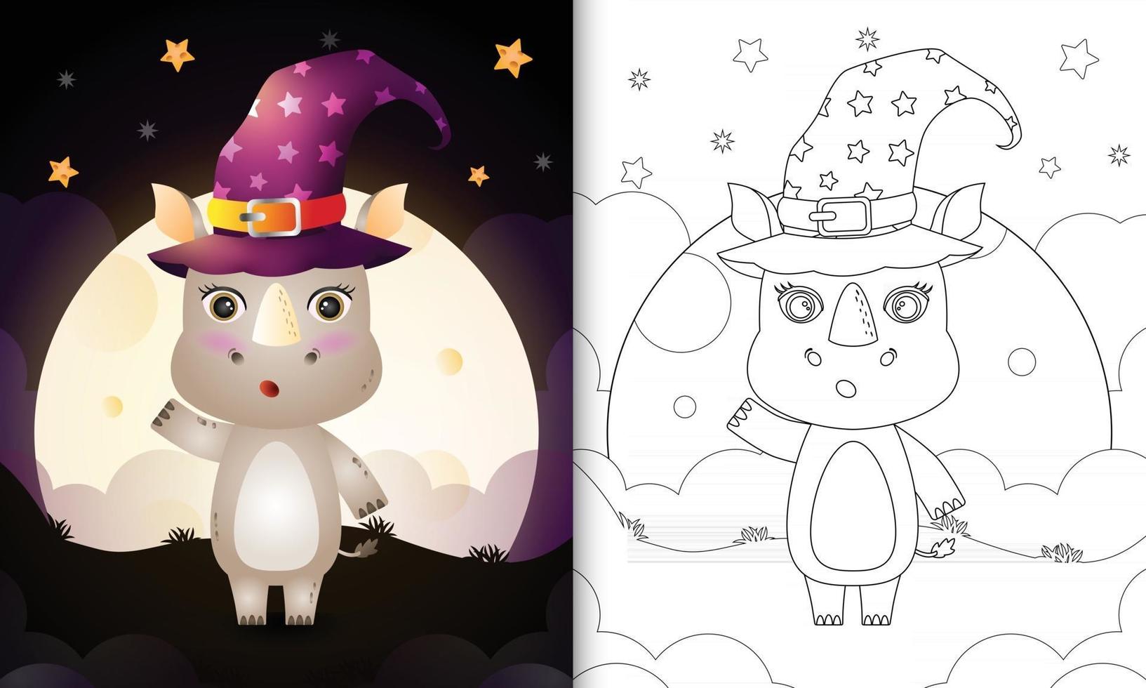 livre de coloriage avec un mignon dessin animé halloween sorcière rhinocéros devant la lune vecteur