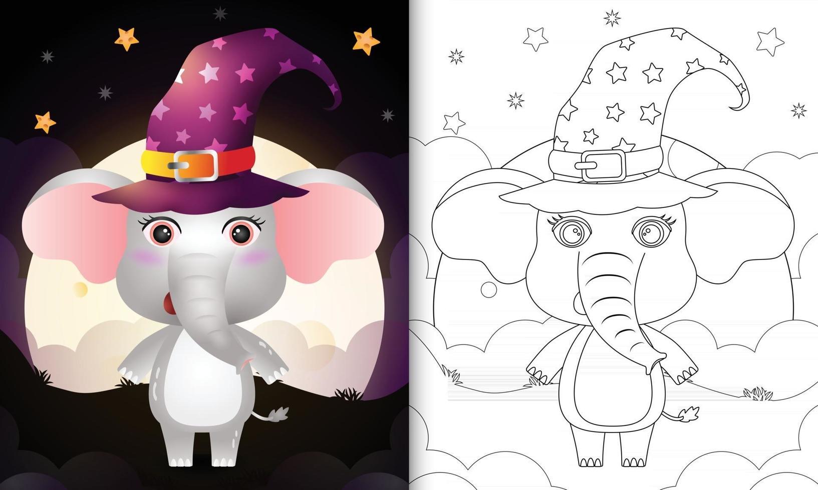 livre de coloriage avec un éléphant de sorcière d'halloween de dessin animé mignon vecteur