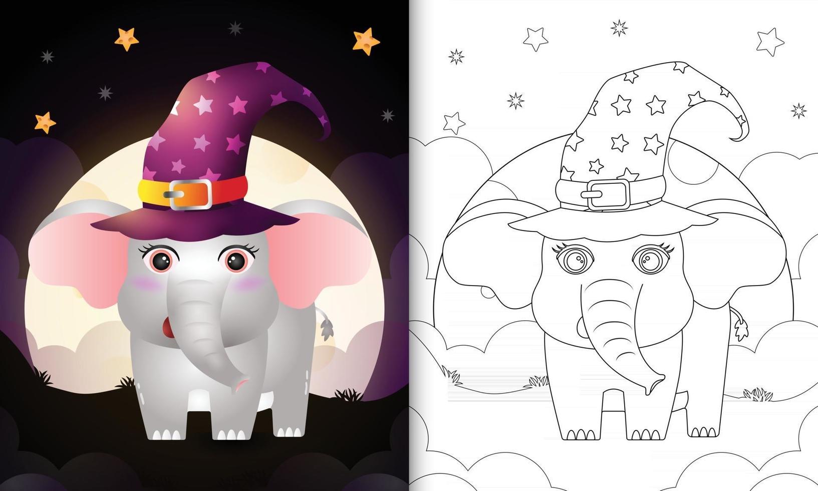 livre de coloriage avec un éléphant de sorcière d'halloween de dessin animé mignon vecteur