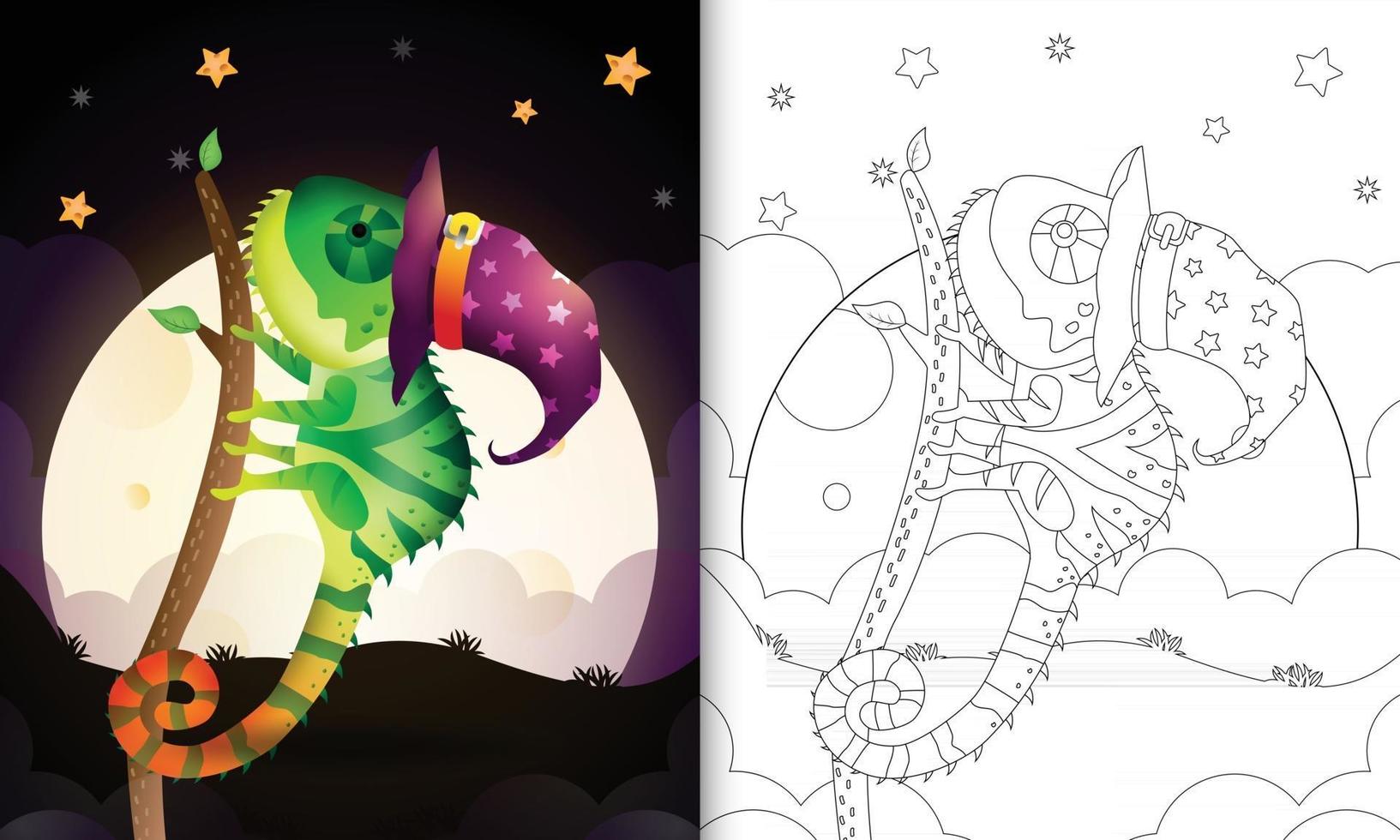 livre de coloriage avec un caméléon de sorcière d'halloween de dessin animé mignon vecteur