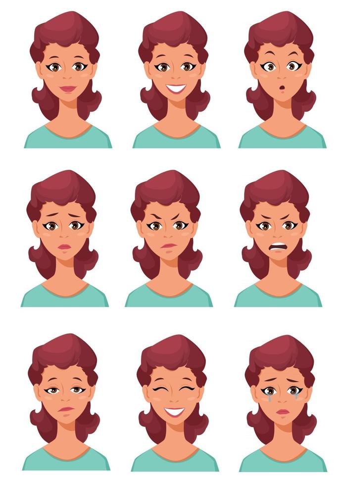 expressions du visage d'une femme. différentes émotions féminines vecteur