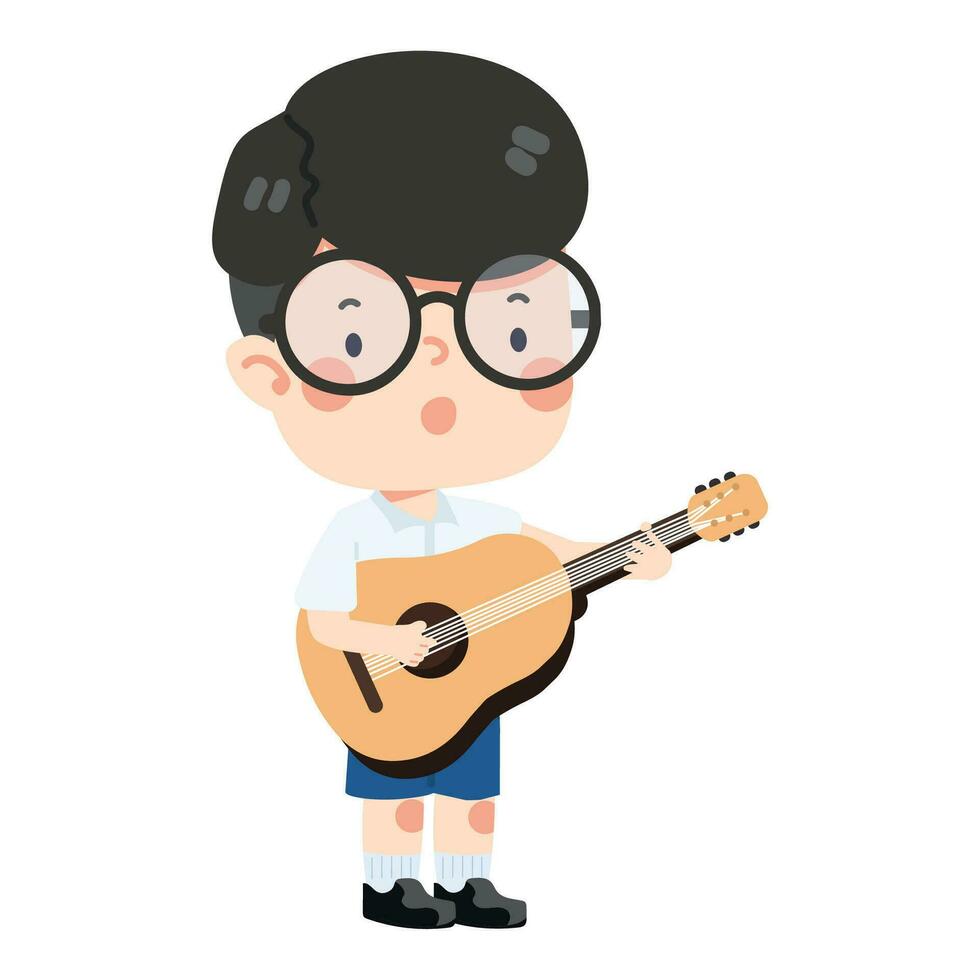 enfant garçon étudiant en jouant guitare vecteur