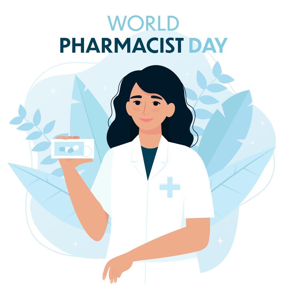 carte de la journée mondiale du pharmacien. illustration vectorielle dans un style plat vecteur