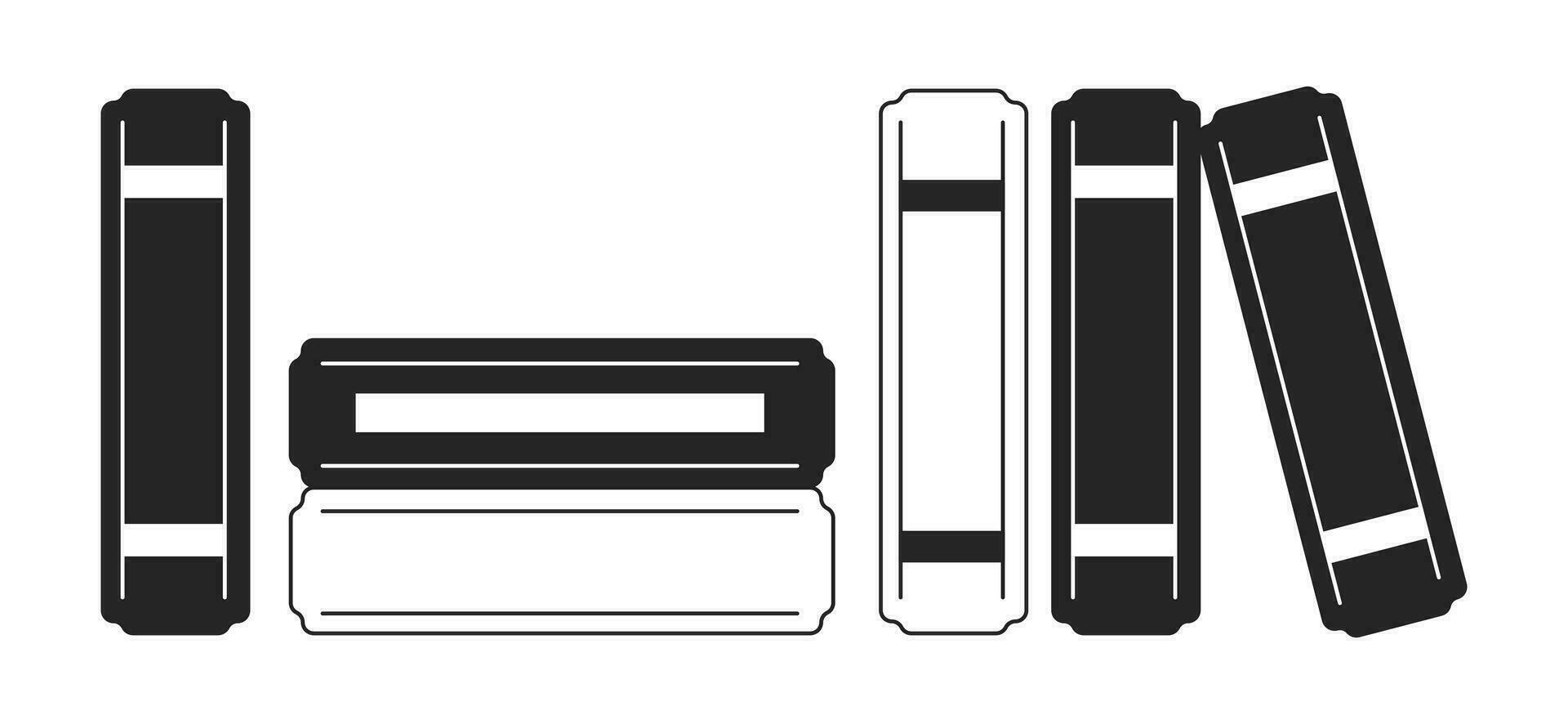 relié livres sur étagère noir et blanc 2d ligne dessin animé objet. librairie collection isolé vecteur contour article. retour à école. Littérature archiver espace de rangement monochromatique plat place illustration