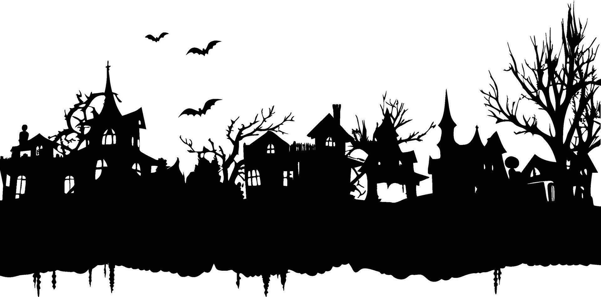 petit dessin animé ville silhouette Maisons des arbres noir et blanche. vecteur illustration avec Fée ville silhouette. Halloween villageois silhouette vecteur illustration