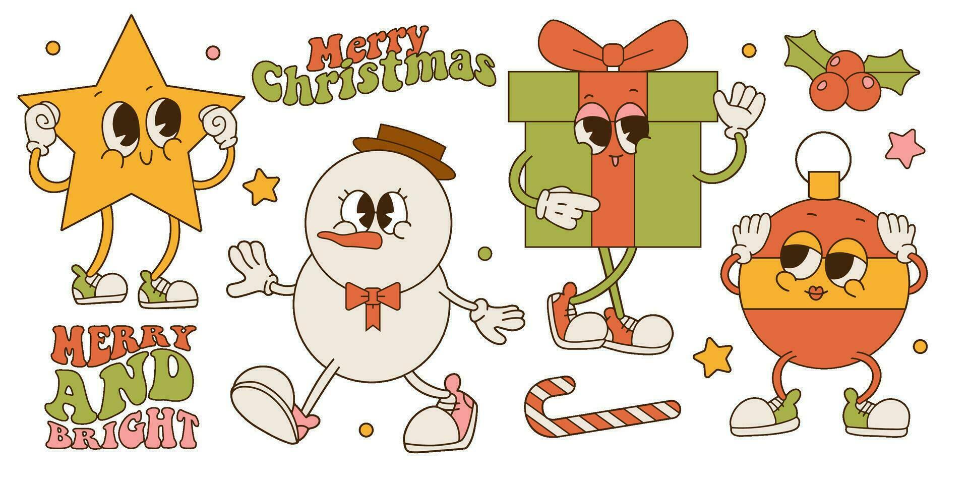 joyeux Noël Années 60 rétro collection de dessin animé personnages. bonhomme de neige, cadeau boîte , étoile, Noël arbre jouet Balle mascottes ensemble. Années 50 -années 70 vieux animation style. ancien vecteur illustration.