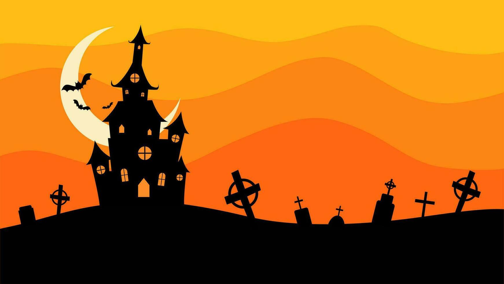 Halloween Château plat conception vecteur illustration. Halloween bannière avec silhouette de effrayant Château sur Orange Contexte avec plein lune. illustration pour vacances cartes, faire-part, bannières