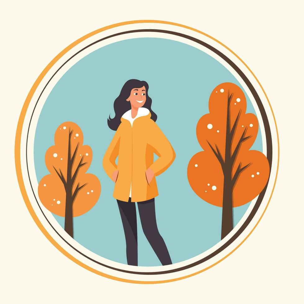 plat illustration vecteur icône de fille en marchant par le tomber feuilles