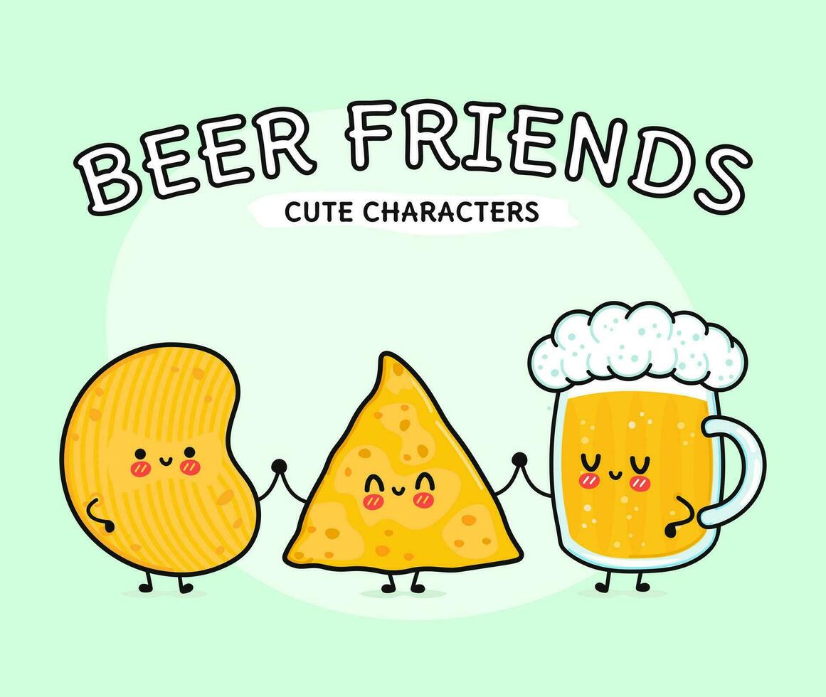 verre heureux mignon et drôle de bière, de nachos et de frites. personnages de kawaii de dessin animé dessinés à la main de vecteur, icône d'illustration. drôle de dessin animé heureux verre de bière chips de nachos mascotte amis emoji enfant bébé visage vecteur