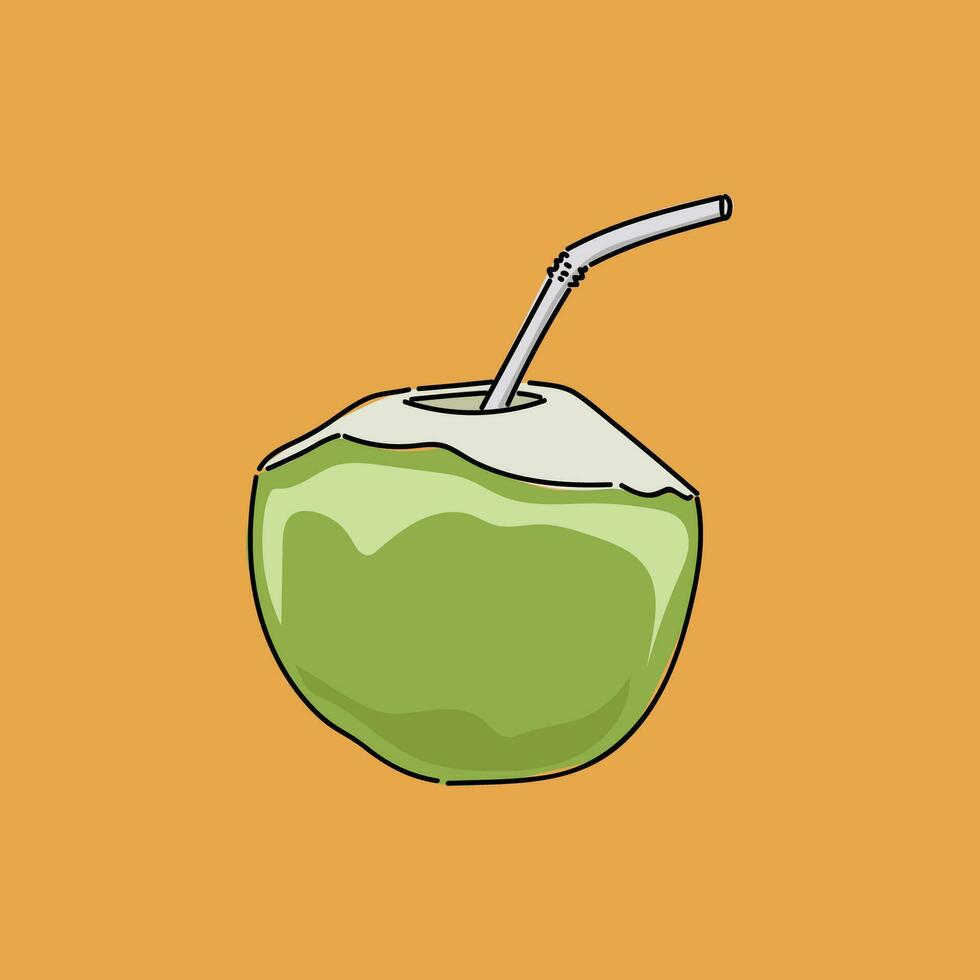 cocktail dans vert noix de coco sur Orange Contexte. ouvert Jeune vert noix de coco Lait boisson avec hibiscus. vecteur illustration dessin animé plat icône isolé sur orange.