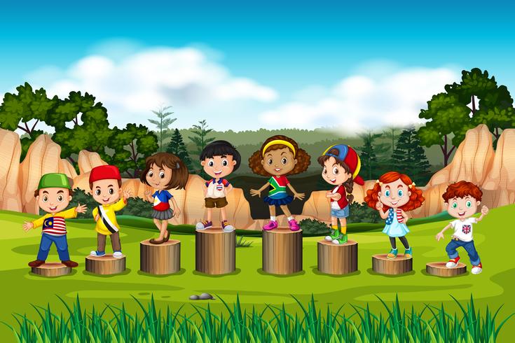 Enfants internationaux sur le support en bois vecteur