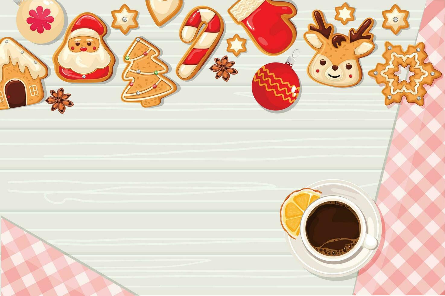 Noël biscuits avec glaçage et café sur une en bois arrière-plan, Haut voir. Noël, Nouveau an. vecteur illustration
