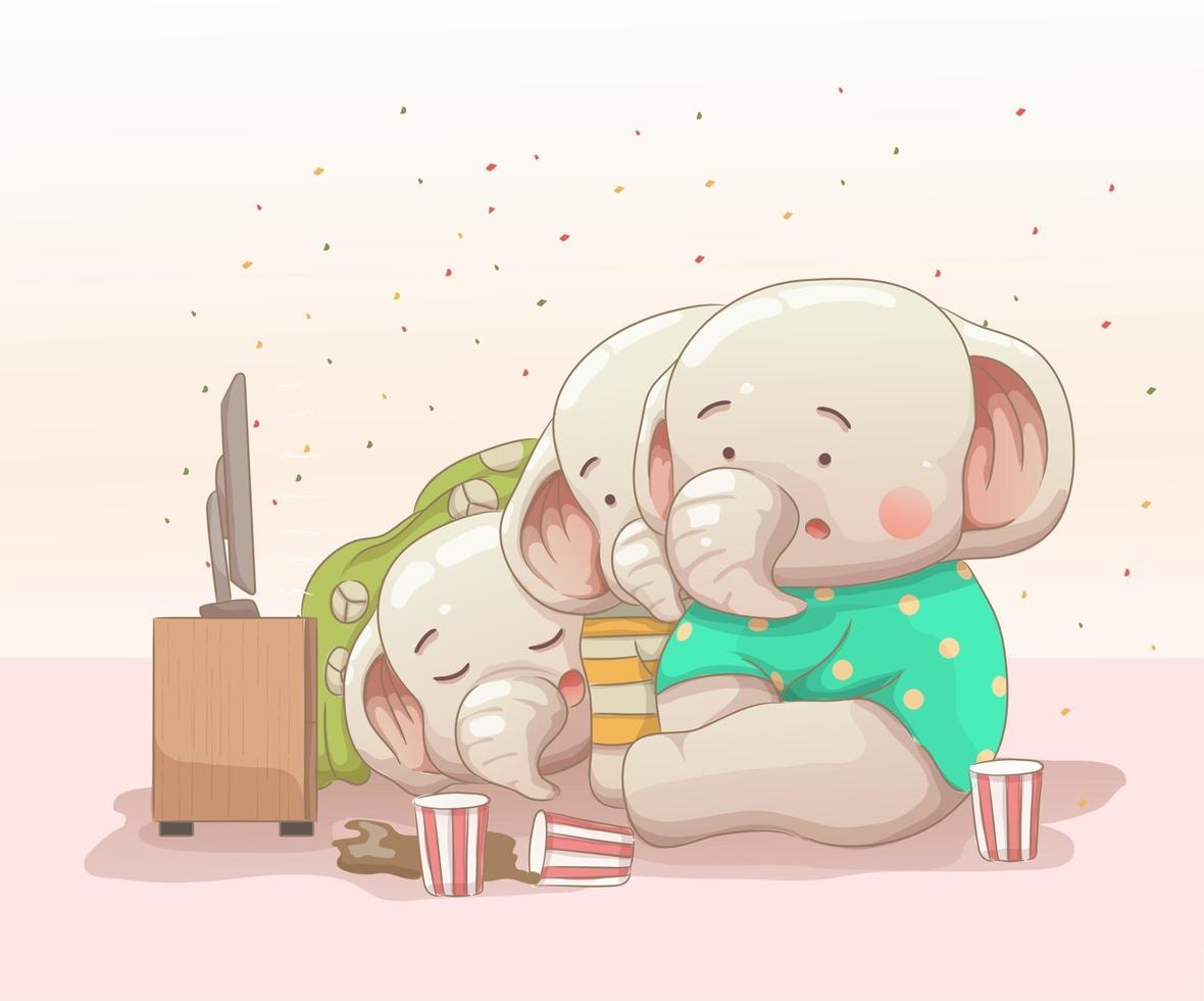 trois bébés éléphants regardant un film. style de dessin animé dessiné à la main de vecteur