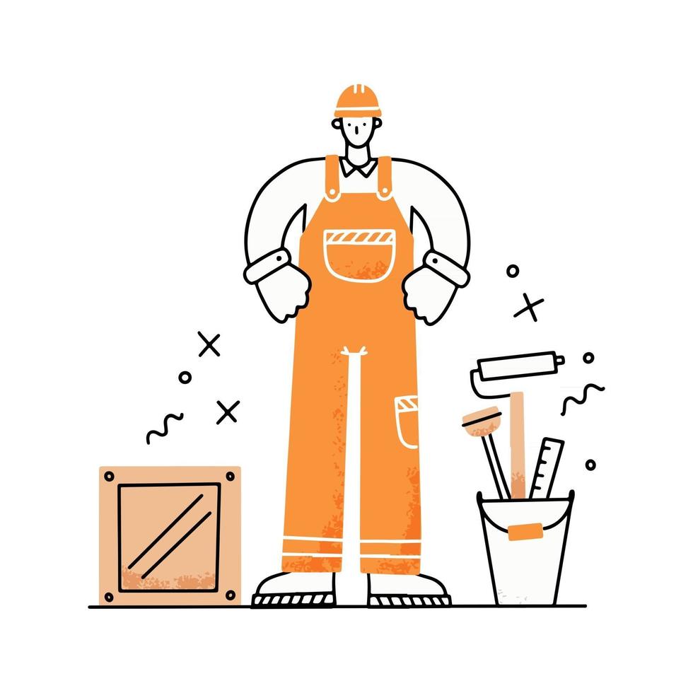 homme ouvrier avec des outils et des vêtements spéciaux. illustration vectorielle. vecteur