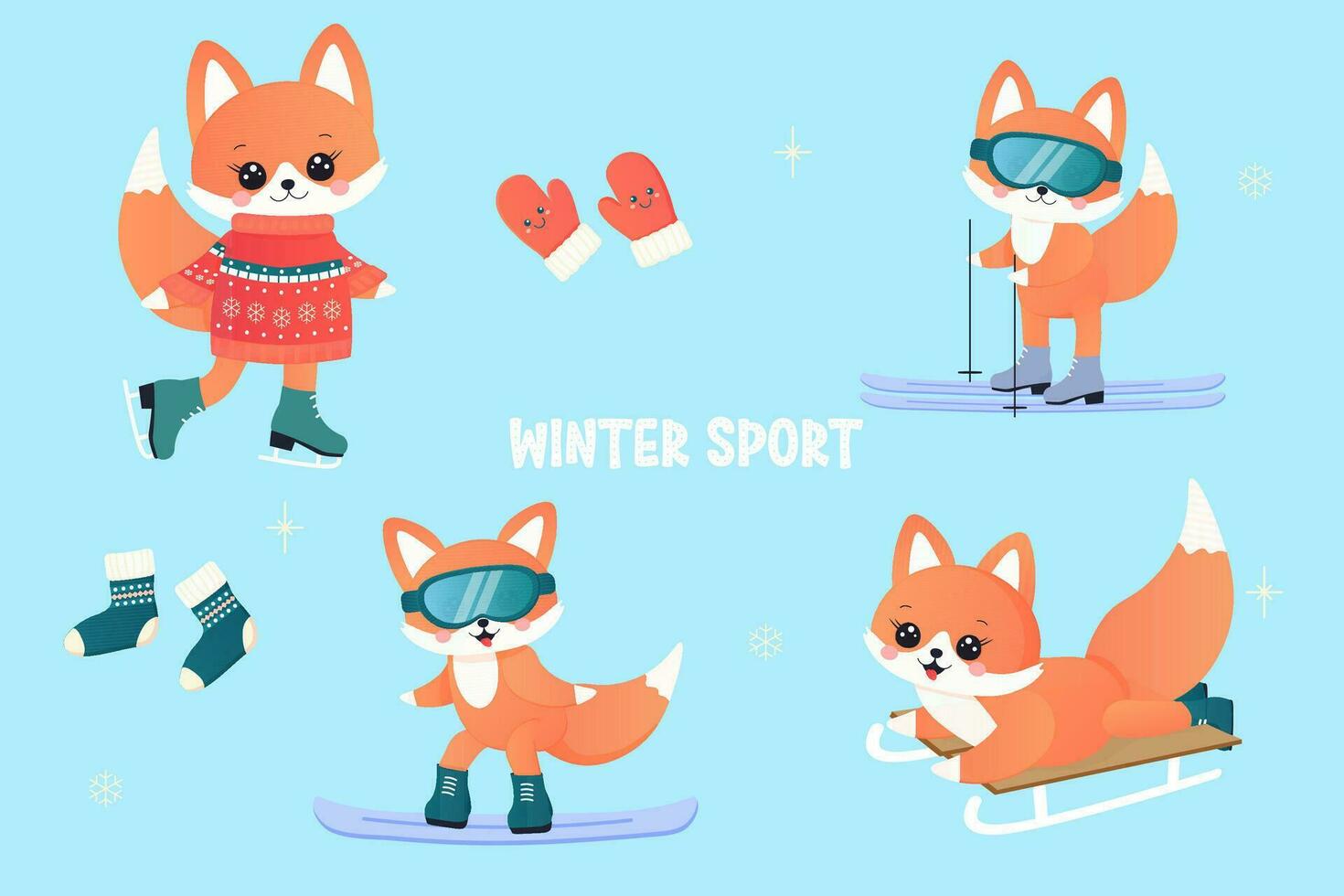 hiver des sports ensemble. Renard sur des skis, une luge, snowboard, patins. vecteur