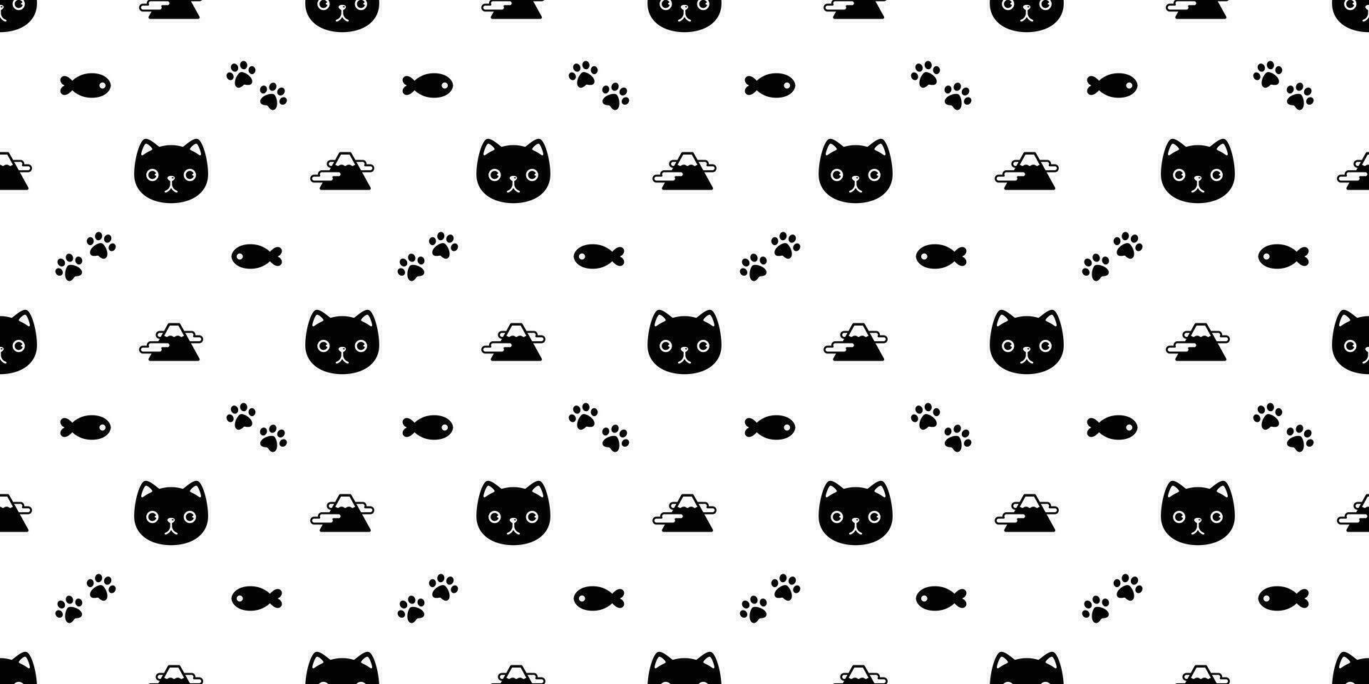 chat sans couture modèle vecteur chaton patte tête empreinte écharpe isolé dessin animé Fuji Montagne tuile fond d'écran poisson répéter Contexte Halloween illustration conception