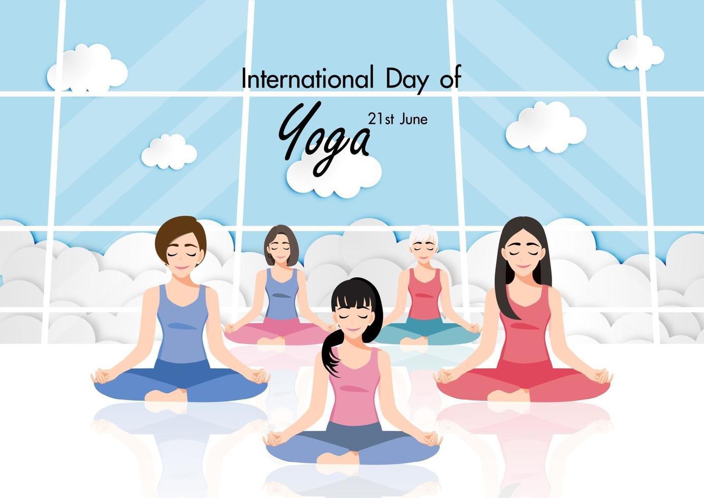 21 juin journée internationale du yoga avec des femmes pratiquant le yoga vecteur