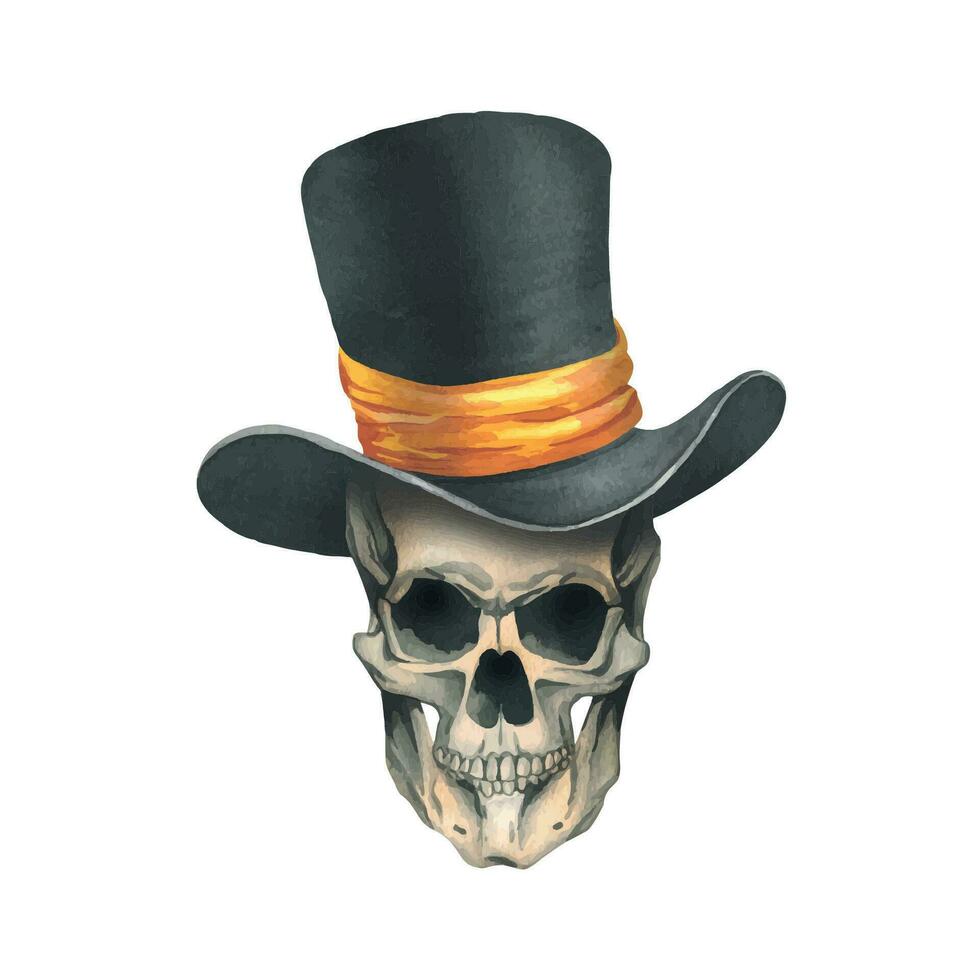une Humain crâne dans une noir Haut chapeau avec une Orange ruban. main tiré aquarelle illustration pour journée de le mort, Halloween, dia de los morts. isolé objet sur une blanc Contexte. vecteur