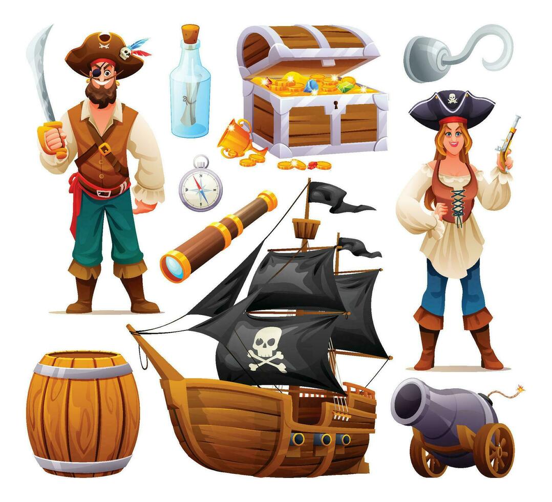 ensemble de pirate personnages, longue-vue, baril, Trésor poitrine et bateau. pirate éléments vecteur dessin animé illustration