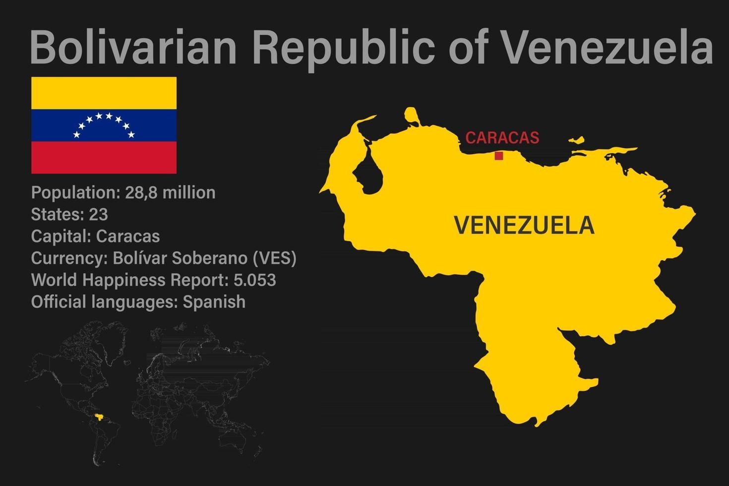 carte très détaillée du venezuela avec drapeau, capitale et petite carte du monde vecteur