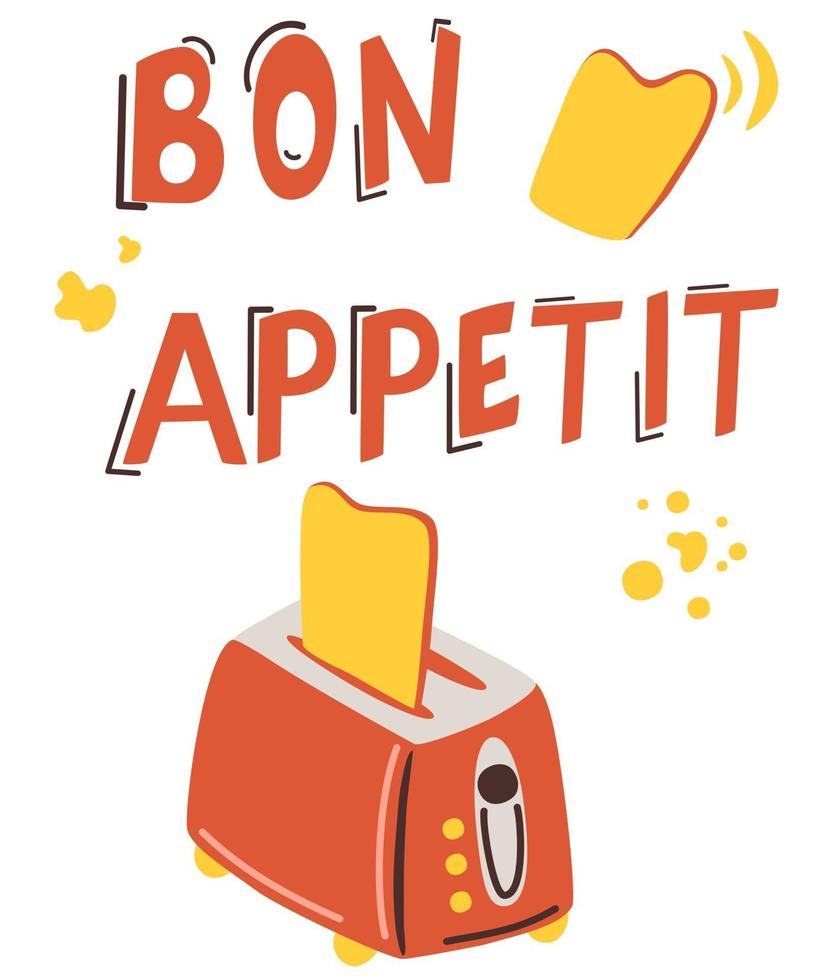 impression d'affiche de nourriture. grille pain avec pain volant et titre bon appétit vecteur