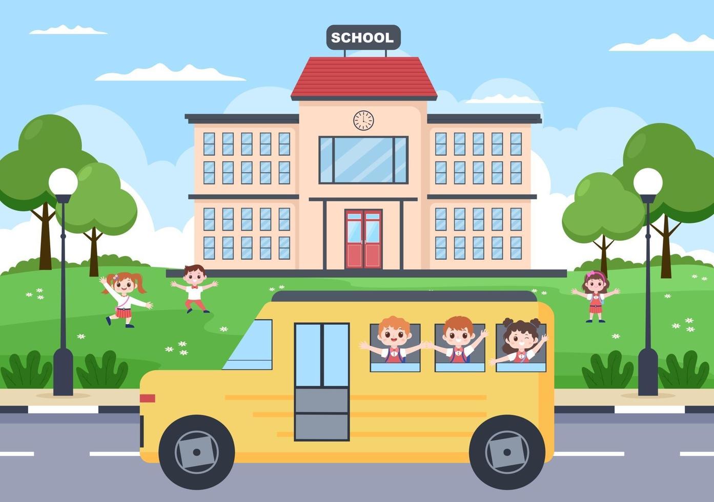 retour à l'école, bâtiment moderne et bus dans la cour avant vecteur