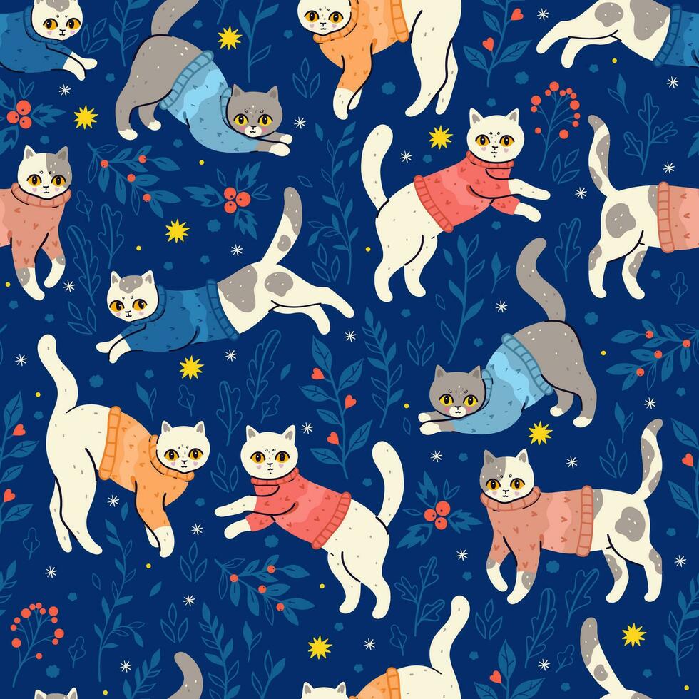 sans couture modèle avec hiver chats dans chandails. vecteur graphique.