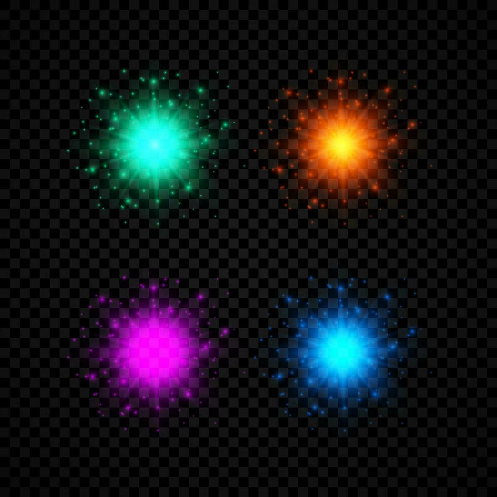 lumière effet de lentille fusées éclairantes. ensemble de quatre vert, orange, violet et bleu embrasé lumières starburst effets avec scintille sur une foncé transparent Contexte. vecteur illustration